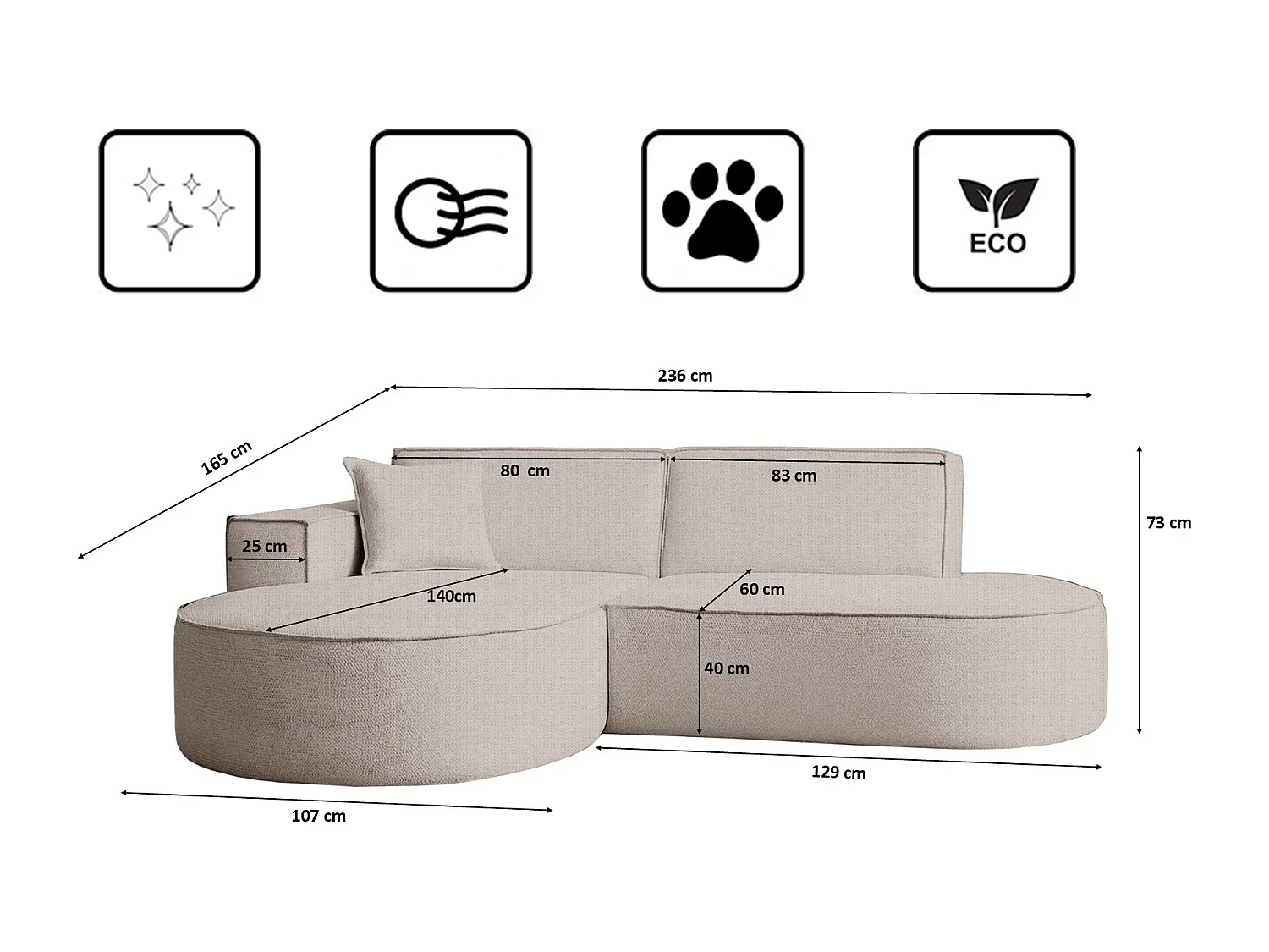 Canapé d'angle Modena Studio en tissu Artico, Nata Gauche