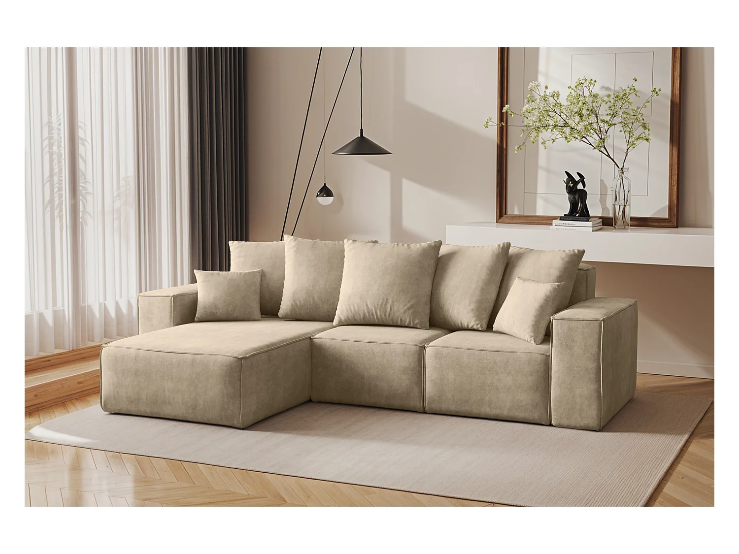 Canapé d'angle en L, collection premium ELLA, tissu Noel, beige clair, gauche