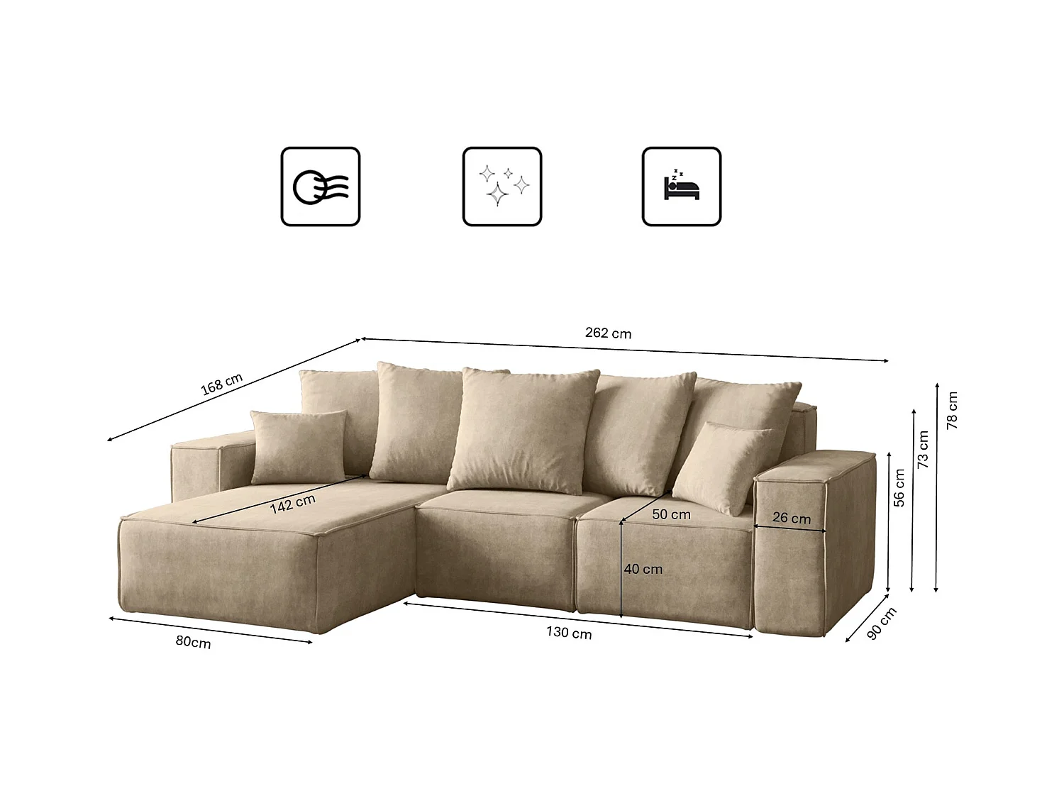 Canapé d'angle en L, collection premium ELLA, tissu Noel, beige clair, gauche