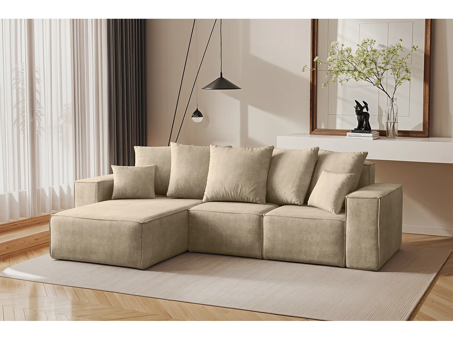 Canapé d'angle en L, collection premium ELLA, tissu Noel, beige clair, gauche