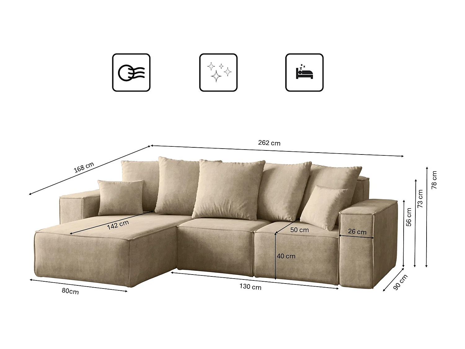 Canapé d'angle en L, collection premium ELLA, tissu Noel, beige clair, gauche