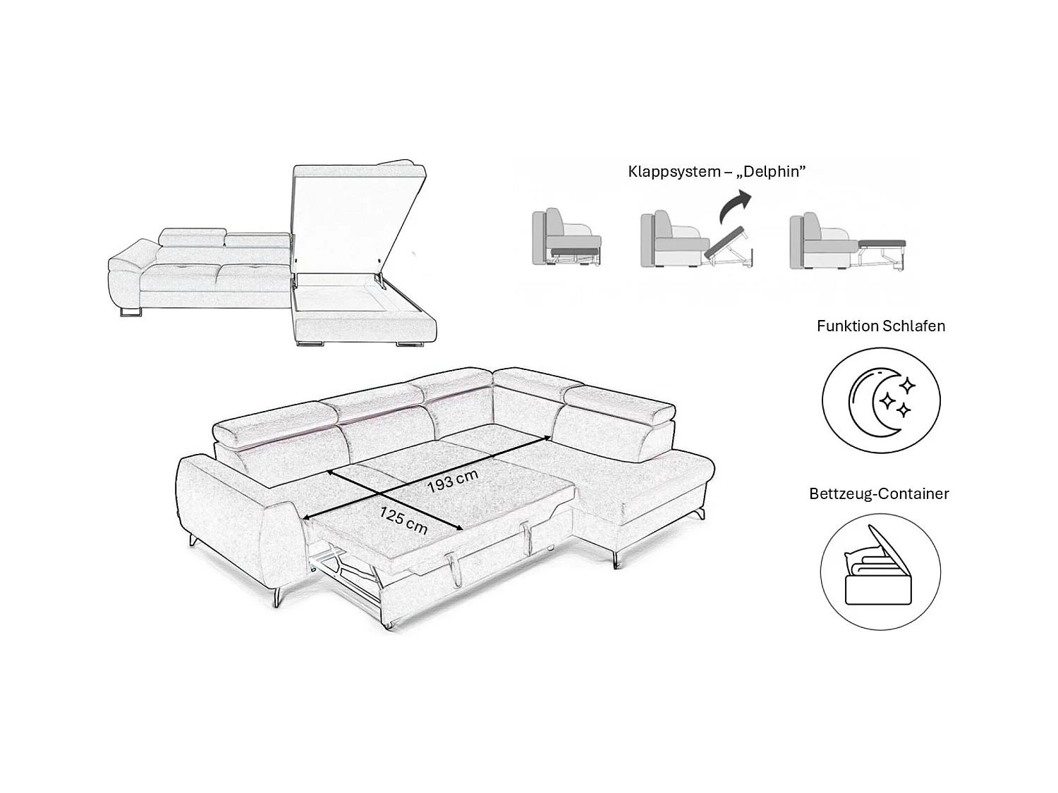Canapé d'angle en L FALIO avec fonction couchage, tissu Noel, beige froid, droite