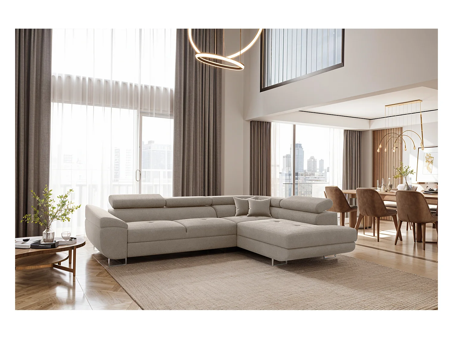 Canapé d'angle en L FALIO avec fonction couchage, tissu Noel, beige froid, droite