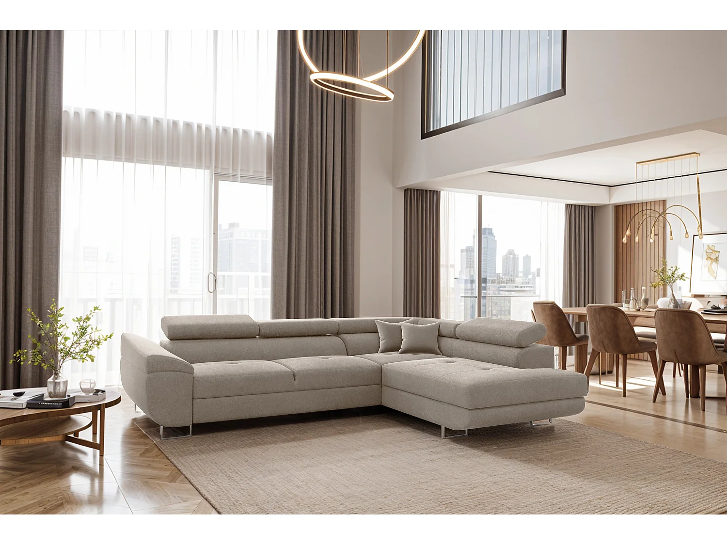 Canapé d'angle en L FALIO avec fonction couchage, tissu Noel, beige froid, droite