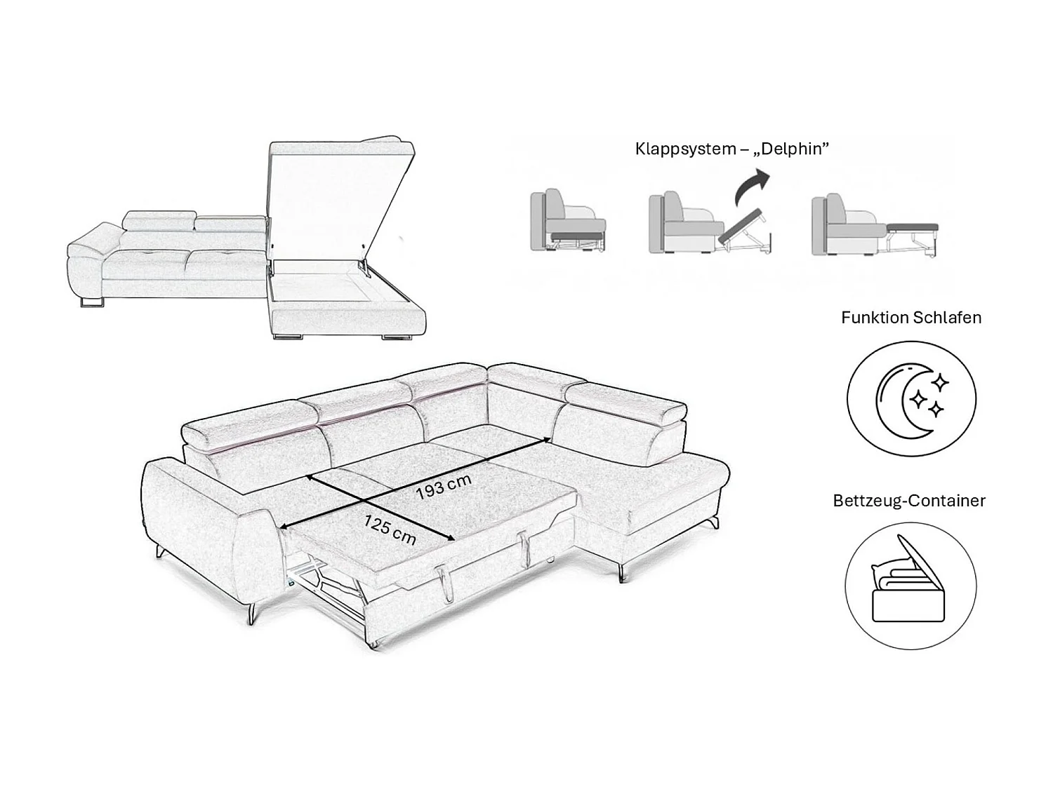 Canapé d'angle en L FALIO avec fonction couchage, tissu Noel, beige froid, droite