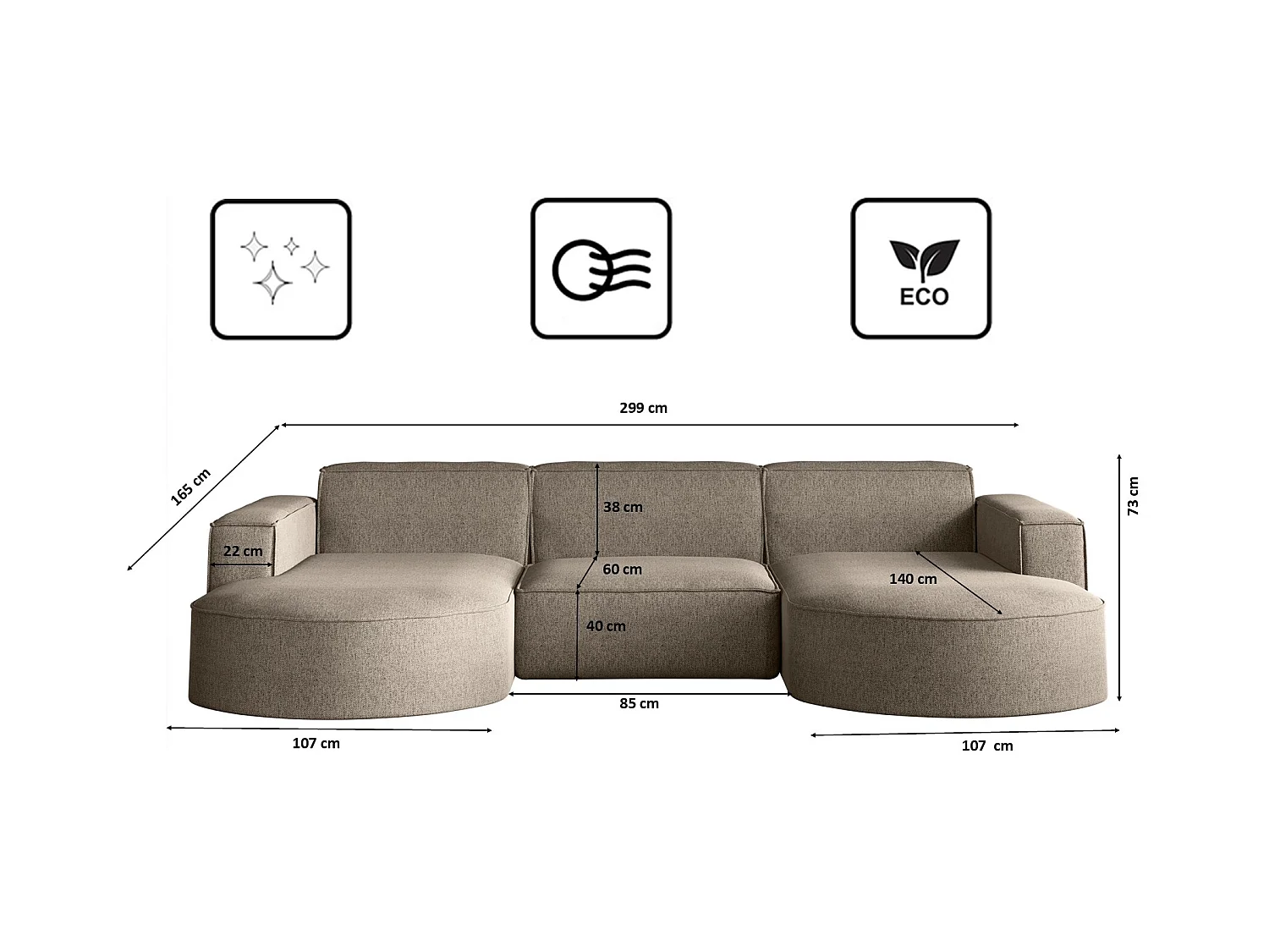 Canapé d'angle Modena en U, tissu Verita, beige chaud