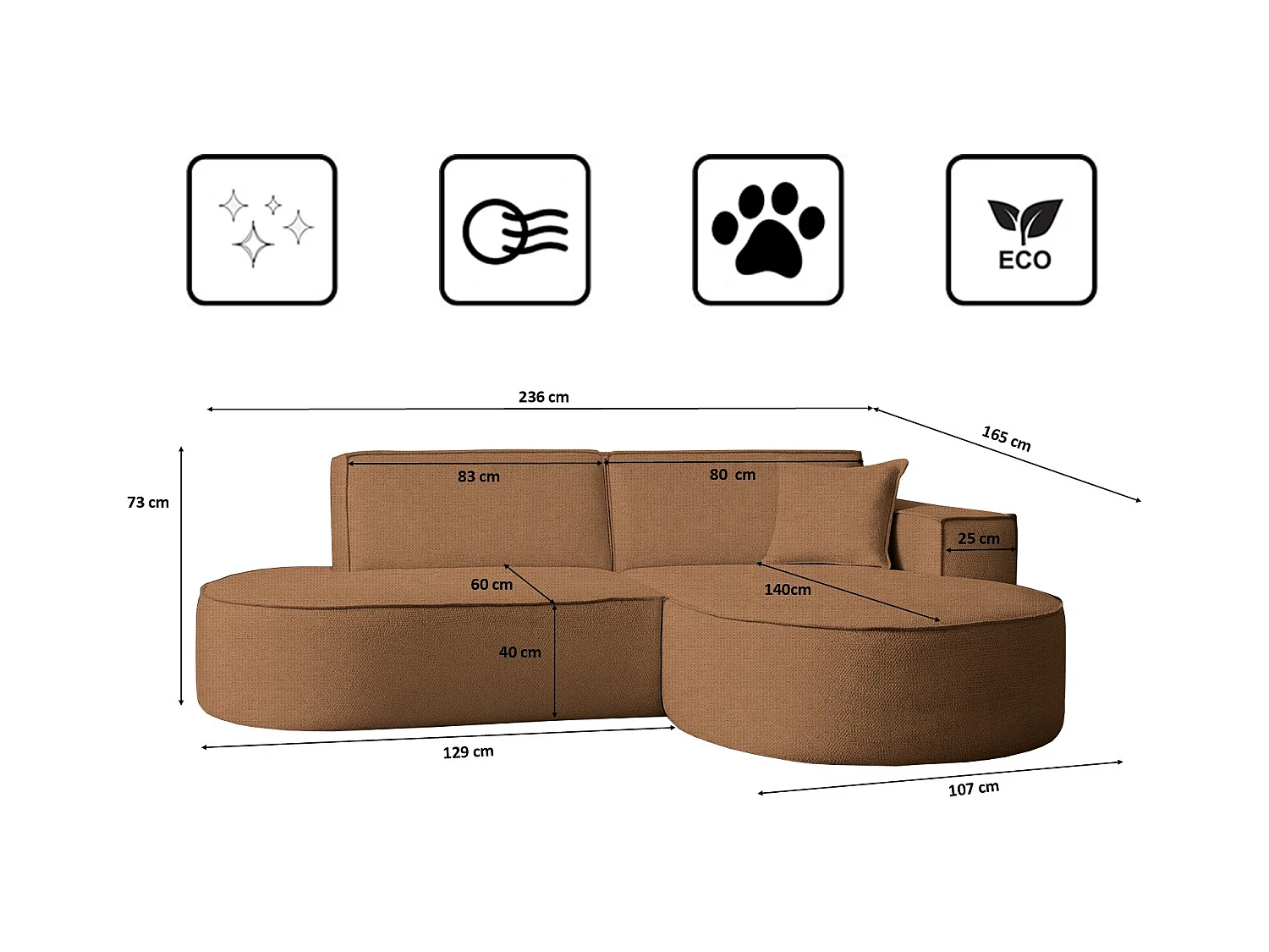 Canapé d'angle Modena Studio tissu Artico, Rouille droite