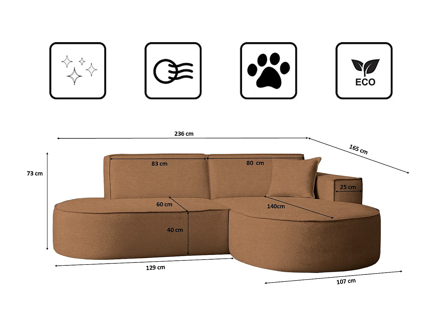 Ecksofa Modena Studio Stoff Artico, Rust Rechts