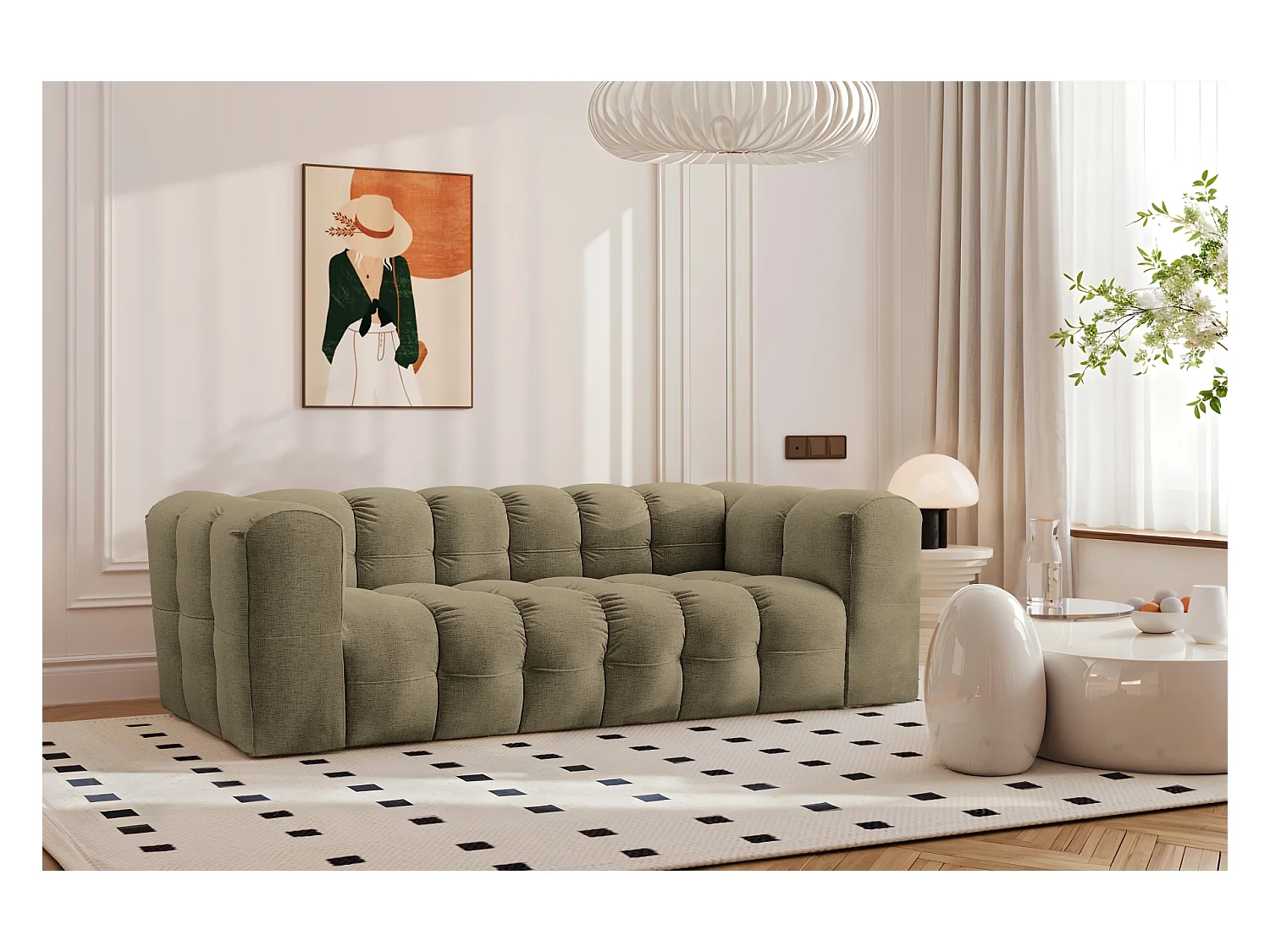 Sofa 3-Sitzer, Komfort Couch BALOO, stoff Schenille, Olive