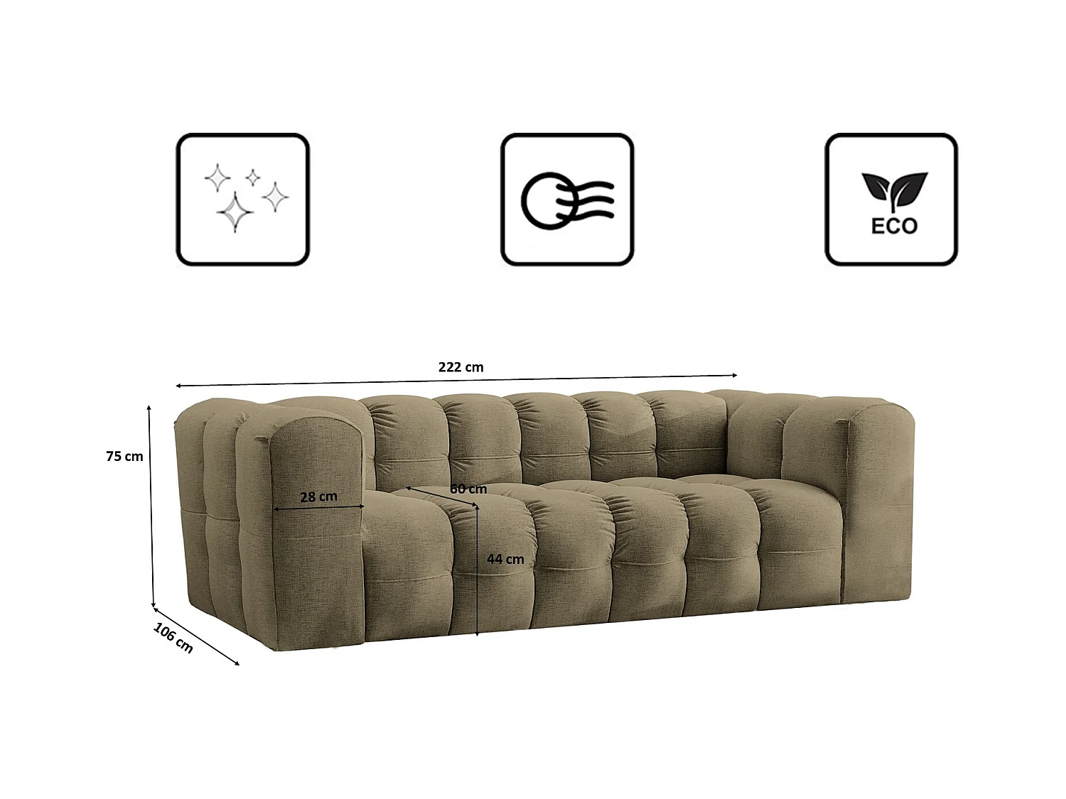 Sofa 3-Sitzer, Komfort Couch BALOO, stoff Schenille, Olive
