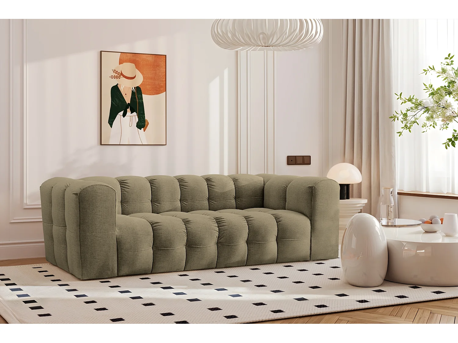 Sofa 3-Sitzer, Komfort Couch BALOO, stoff Schenille, Olive