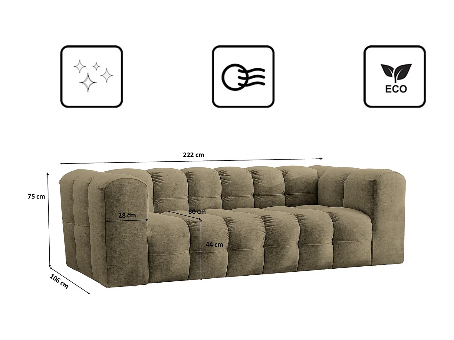 Sofa 3-Sitzer, Komfort Couch BALOO, stoff Schenille, Olive