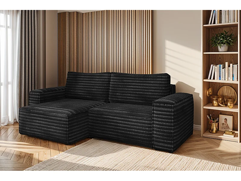 L-förmiges Bohoo-Ecksofa mit Schlaffunktion, Stoff Velo, Schwarz, Links