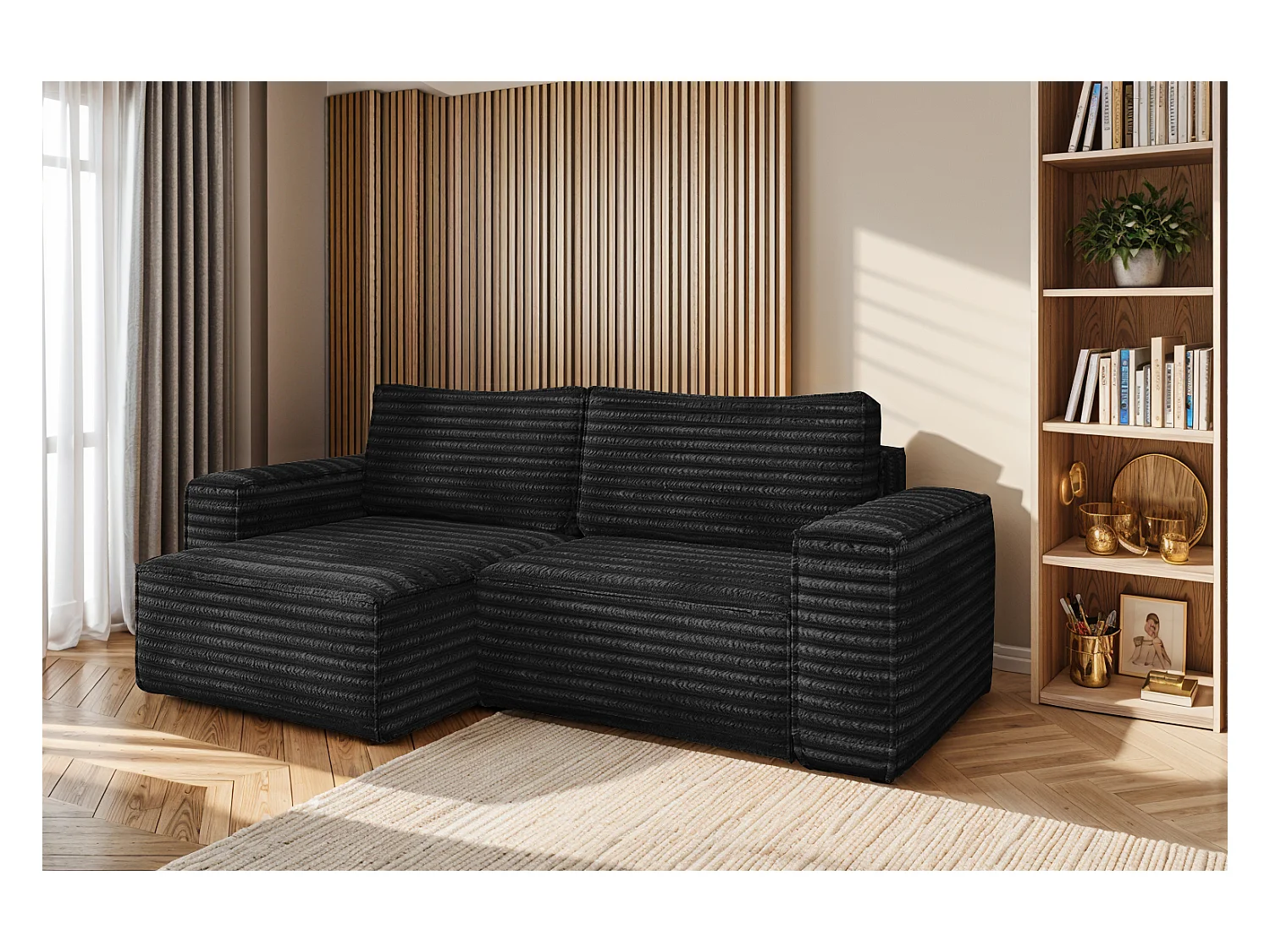 L-förmiges Bohoo-Ecksofa mit Schlaffunktion, Stoff Velo, Schwarz, Links