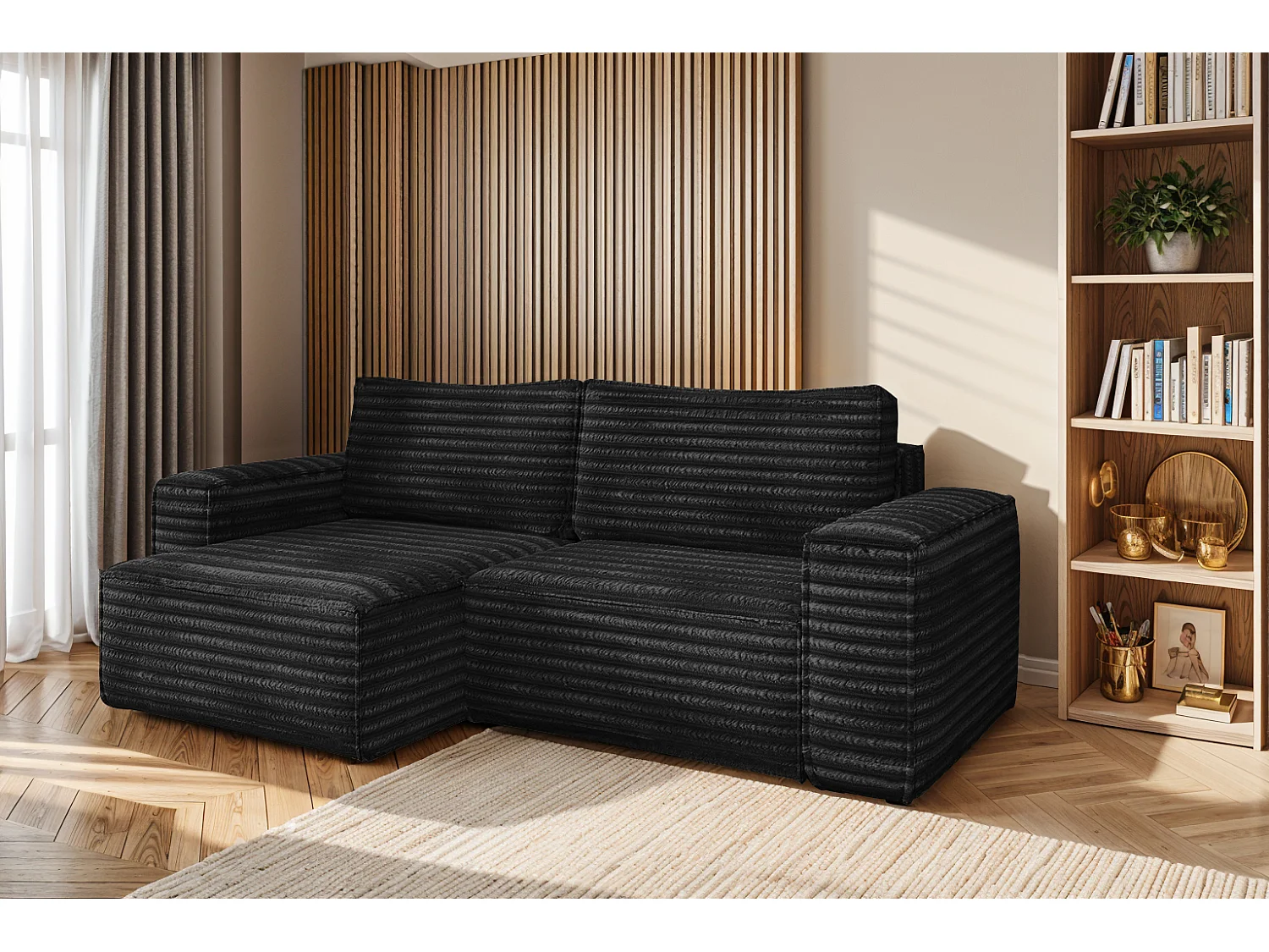 L-förmiges Bohoo-Ecksofa mit Schlaffunktion, Stoff Velo, Schwarz, Links