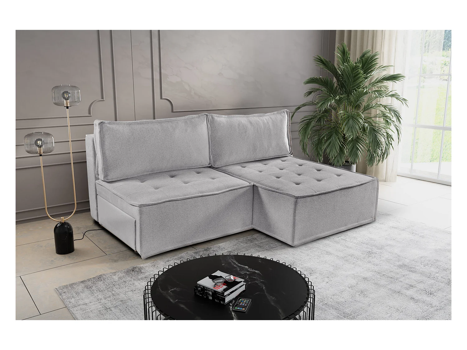 Canapé d'angle Bohoo Mini avec fonction couchage, tissu Raven, beige foncé, droit