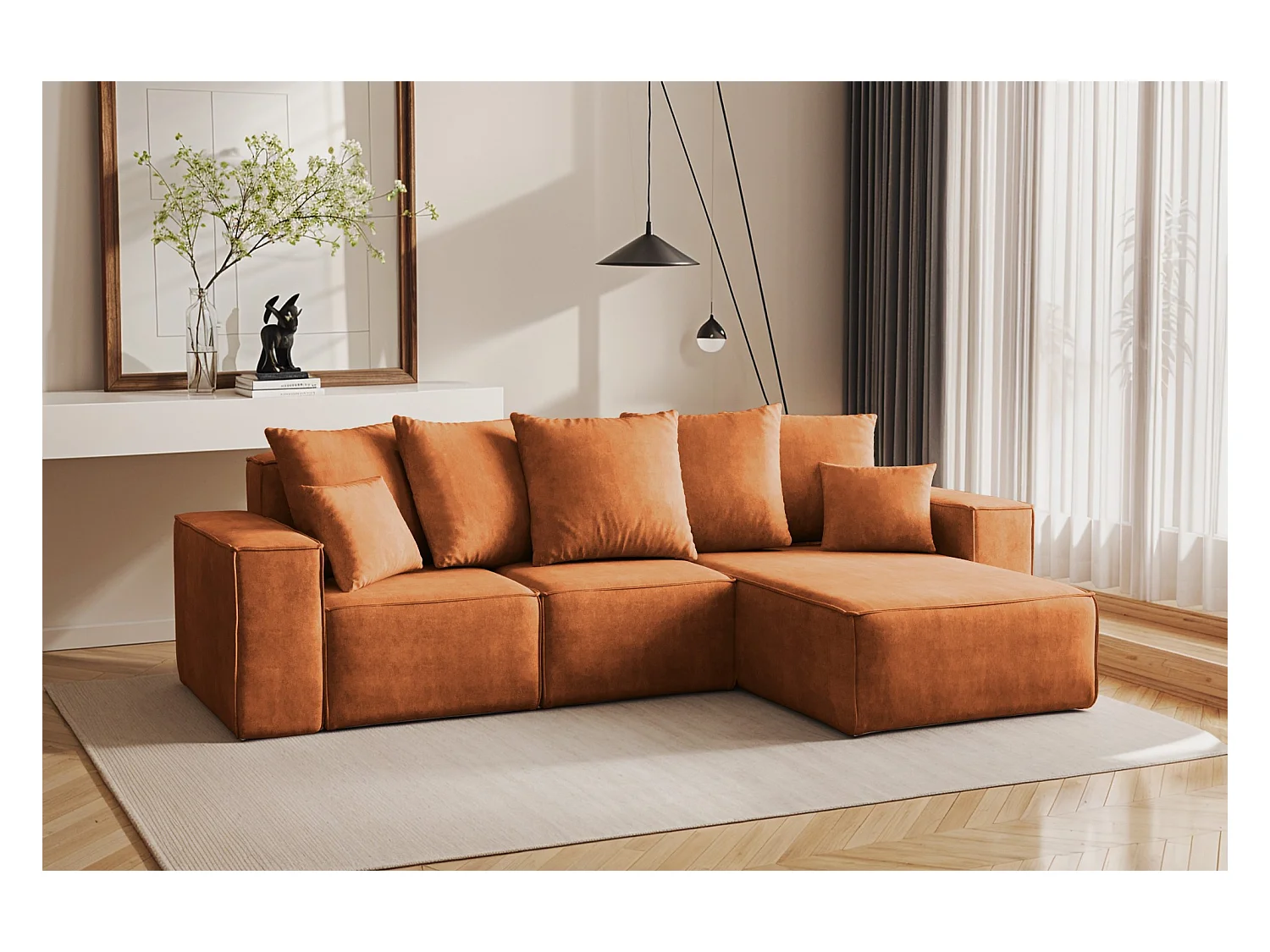 Canapé d'angle en L, collection premium ELLA, tissu Noel, orange, droit