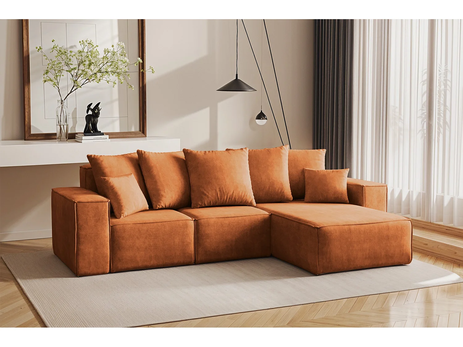 Canapé d'angle en L, collection premium ELLA, tissu Noel, orange, droit