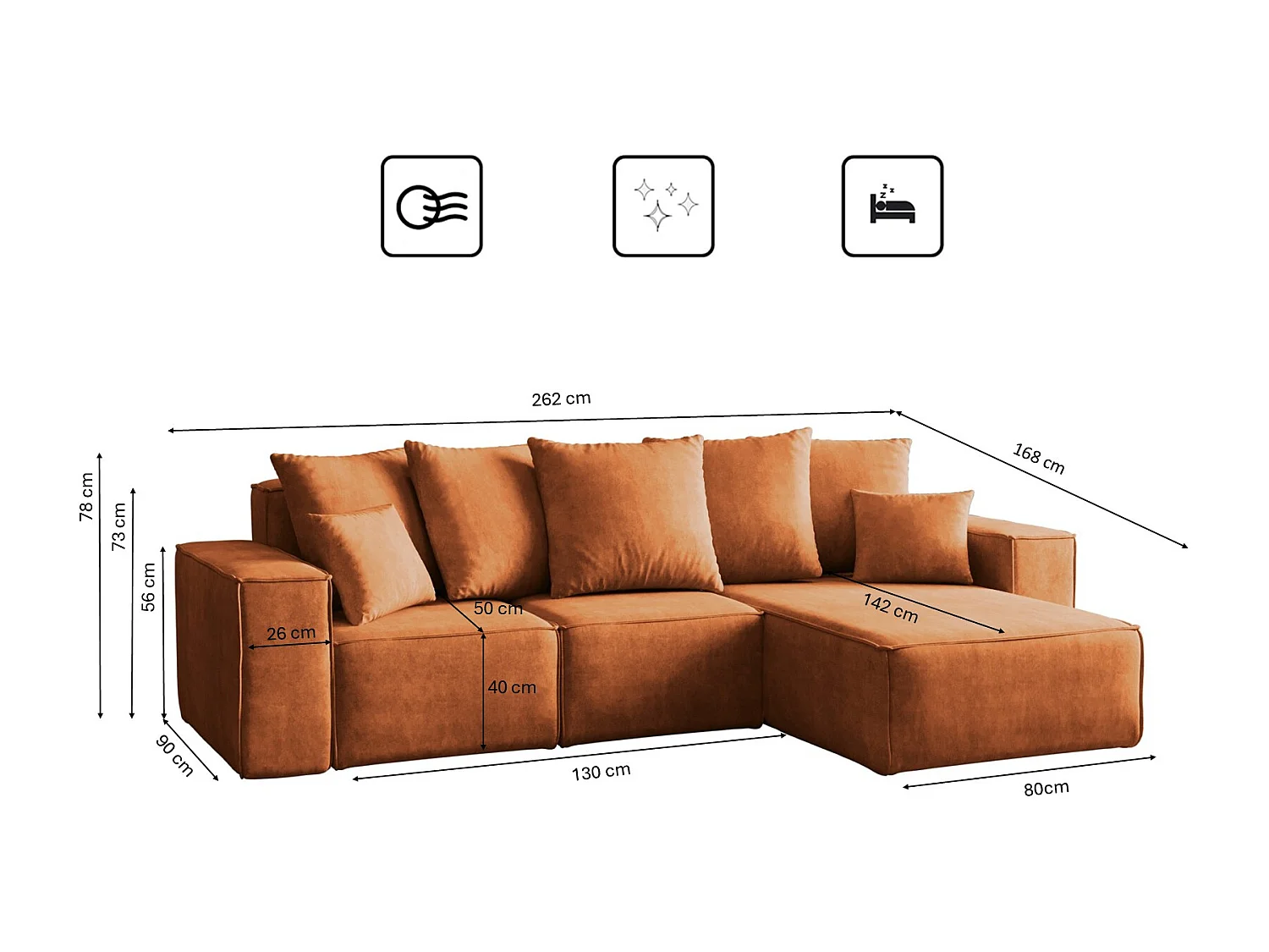 Canapé d'angle en L, collection premium ELLA, tissu Noel, orange, droit