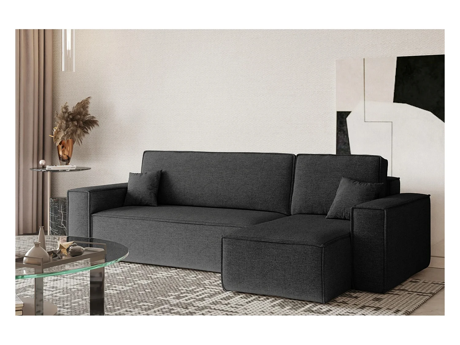 Canapé d'angle Best en L avec fonction couchage et coffre de lit, tissu Neve, gris foncé, droit