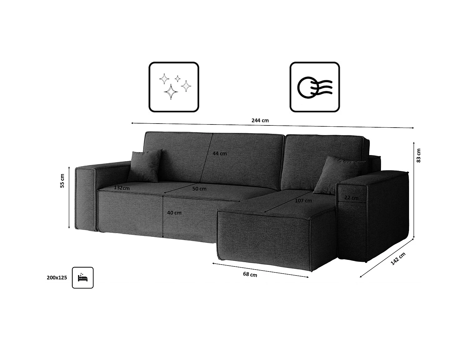 Canapé d'angle Best en L avec fonction couchage et coffre de lit, tissu Neve, gris foncé, droit