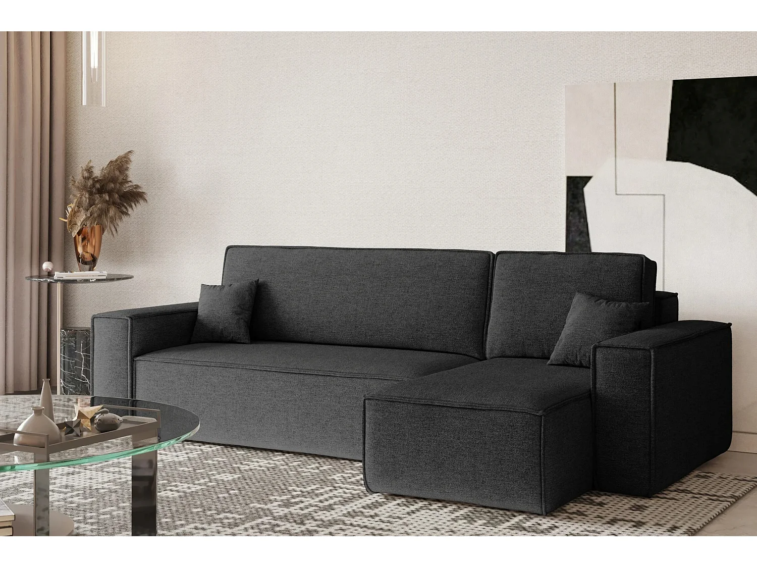 Hoekbank, L-vorm met slaapfunctie en bedkast, stof Neve, donkergrijs, rechts