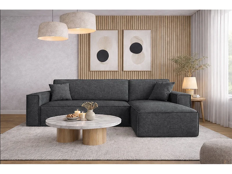 Canapé d'angle Best en L avec fonction couchage et coffre de lit, tissu Neve, gris foncé, droit