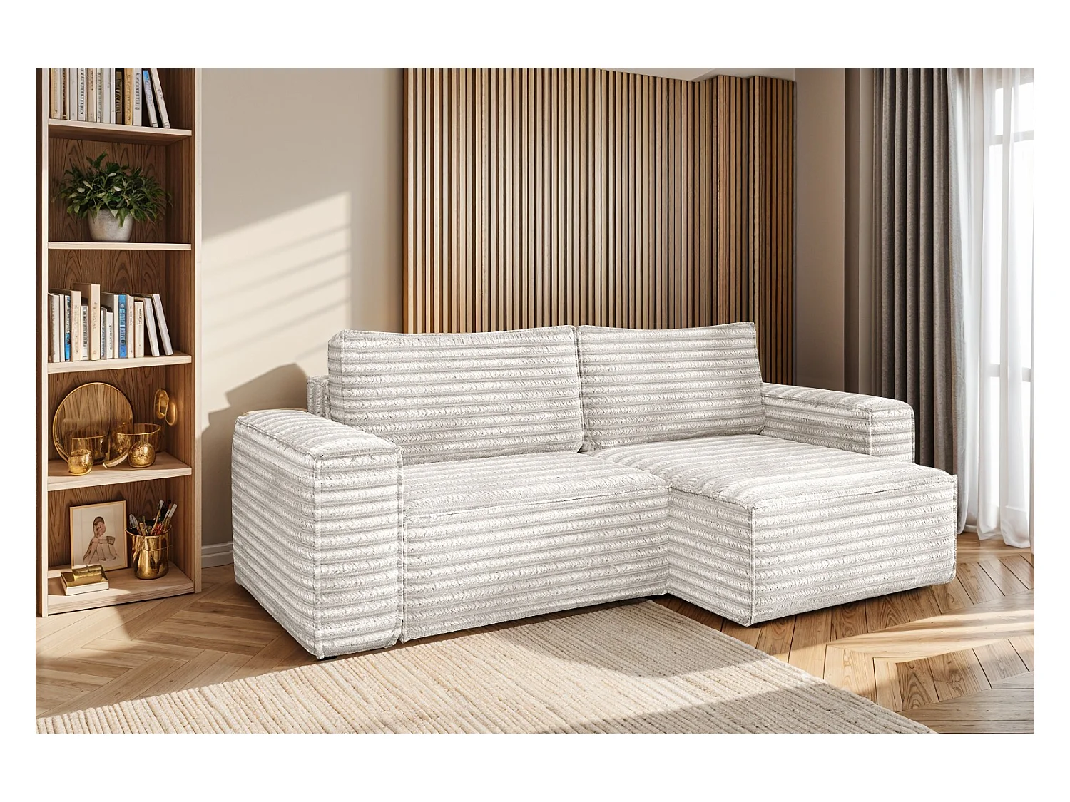 L-förmiges Bohoo-Ecksofa mit Schlaffunktion, Stoff Velo, Ecru, Rechts