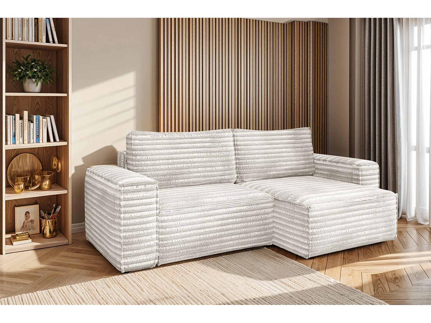 L-förmiges Bohoo-Ecksofa mit Schlaffunktion, Stoff Velo, Ecru, Rechts