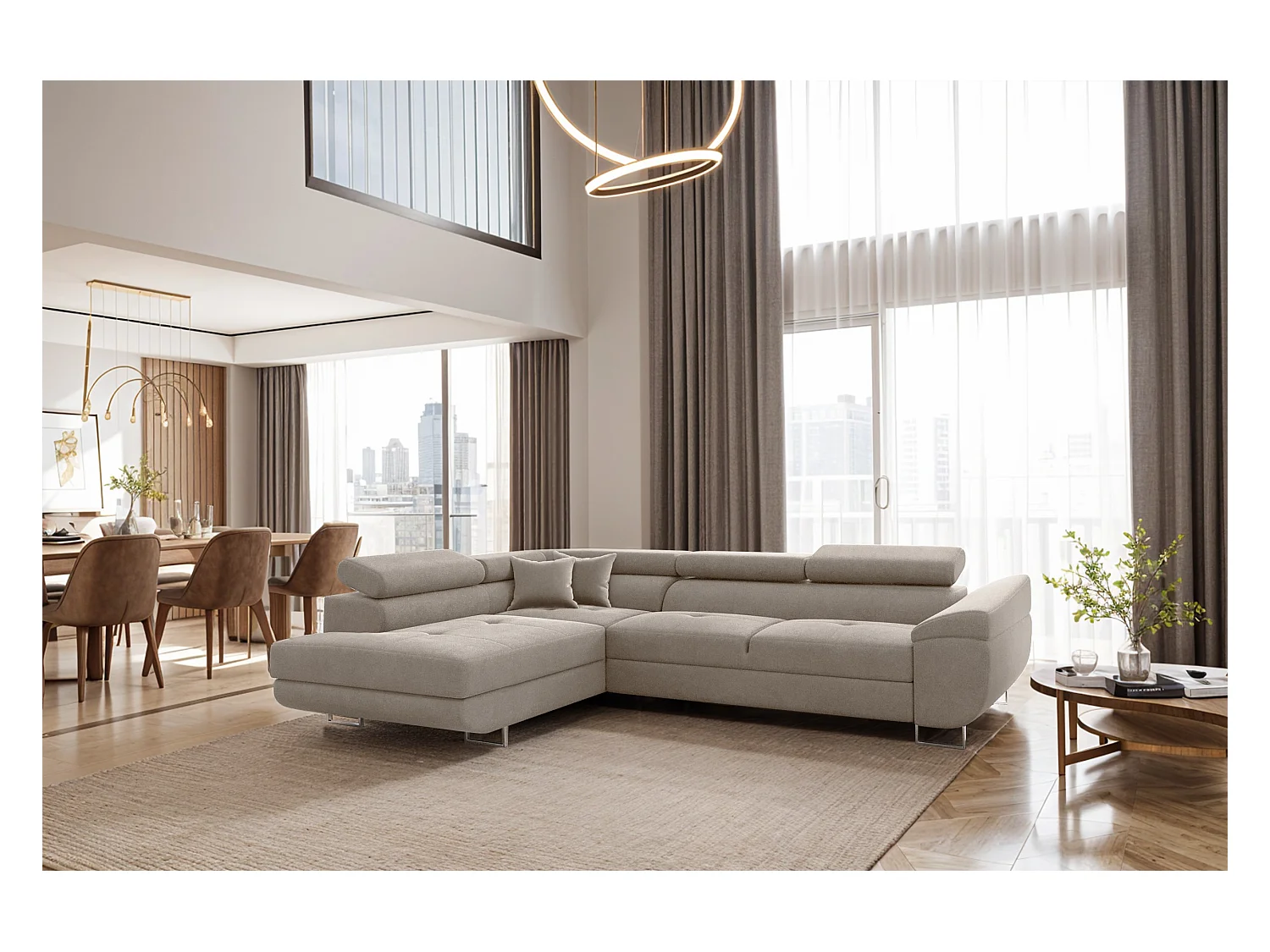 Canapé d'angle en L FALIO avec fonction couchage, tissu Noel, beige froid, gauche