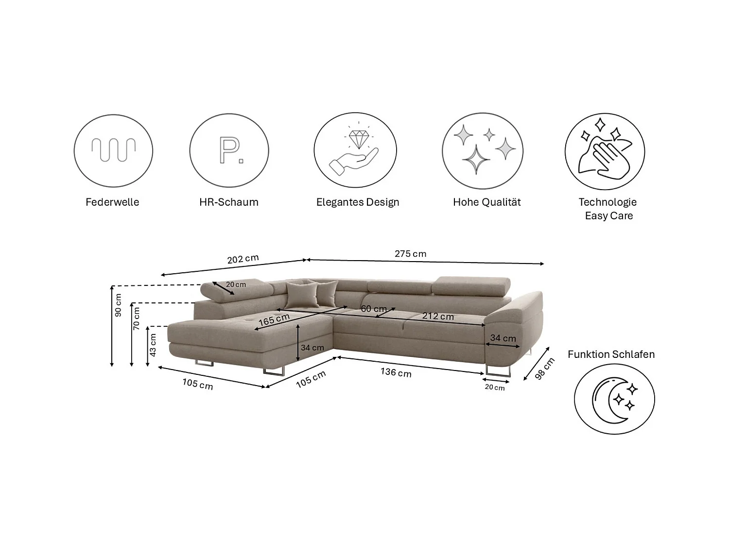 Canapé d'angle en L FALIO avec fonction couchage, tissu Noel, beige froid, gauche