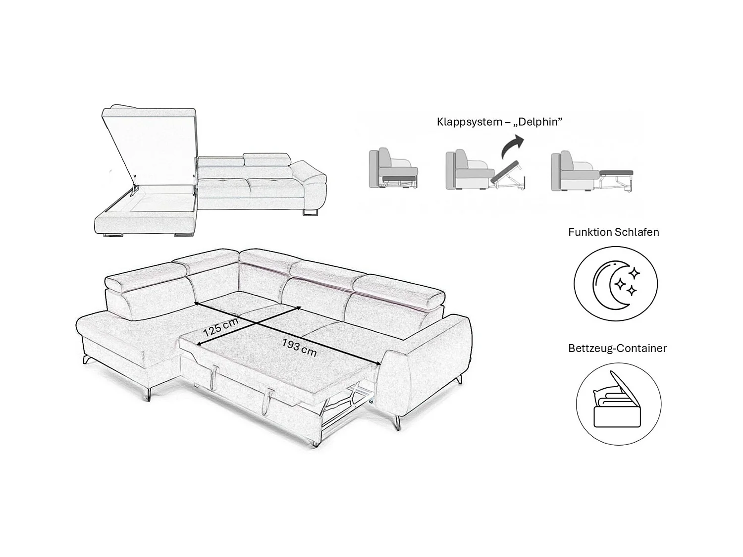 Canapé d'angle en L FALIO avec fonction couchage, tissu Noel, beige froid, gauche