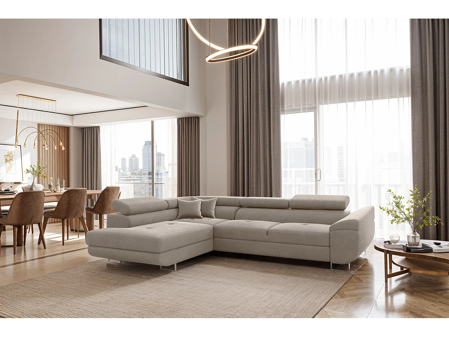 Canapé d'angle en L FALIO avec fonction couchage, tissu Noel, beige froid, gauche