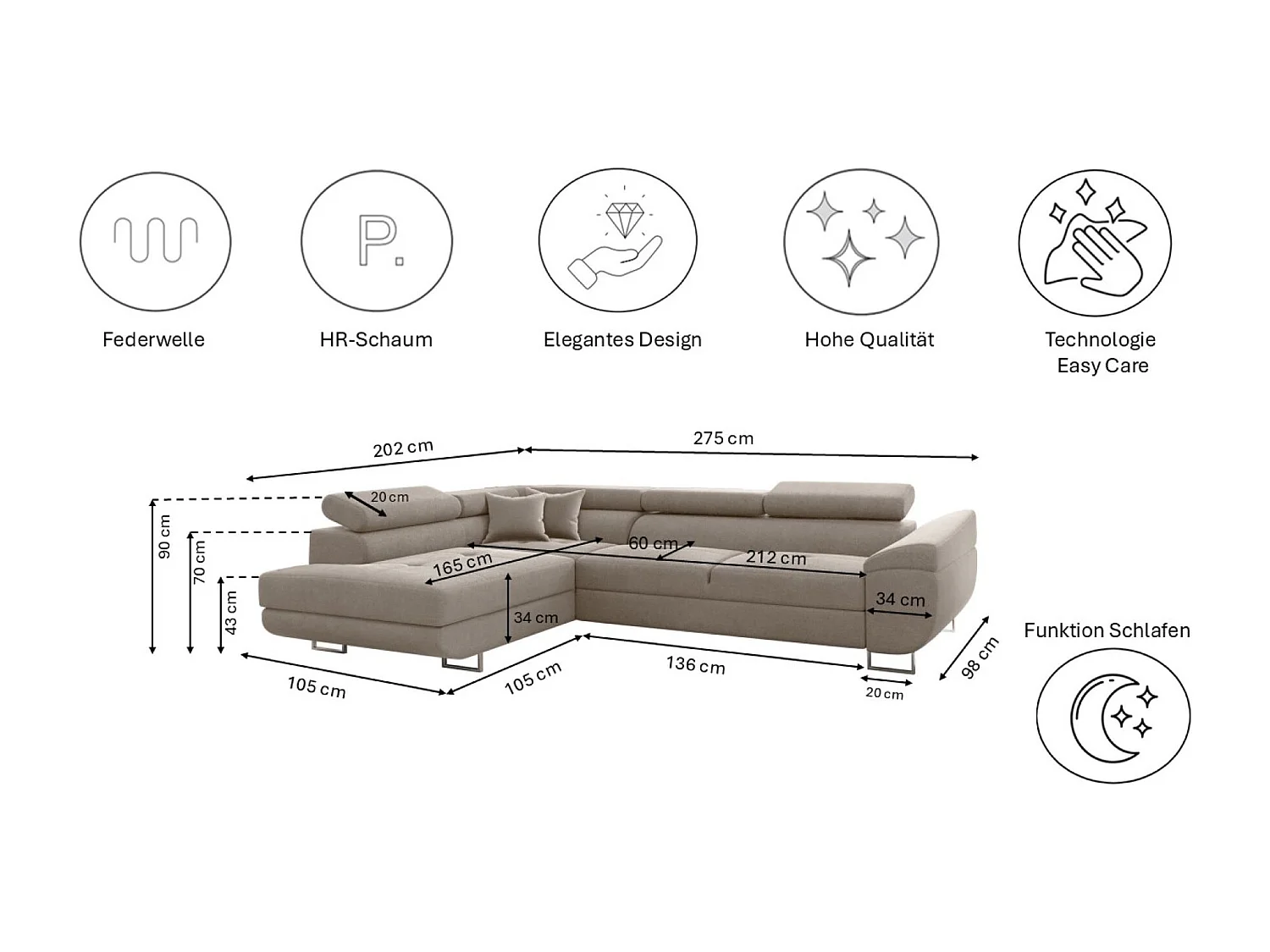 Canapé d'angle en L FALIO avec fonction couchage, tissu Noel, beige froid, gauche