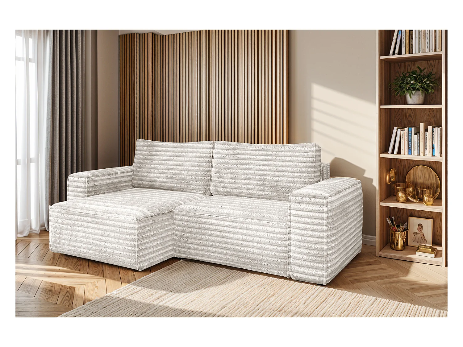 L-förmiges Bohoo-Ecksofa mit Schlaffunktion, Stoff Velo, Ecru, Links