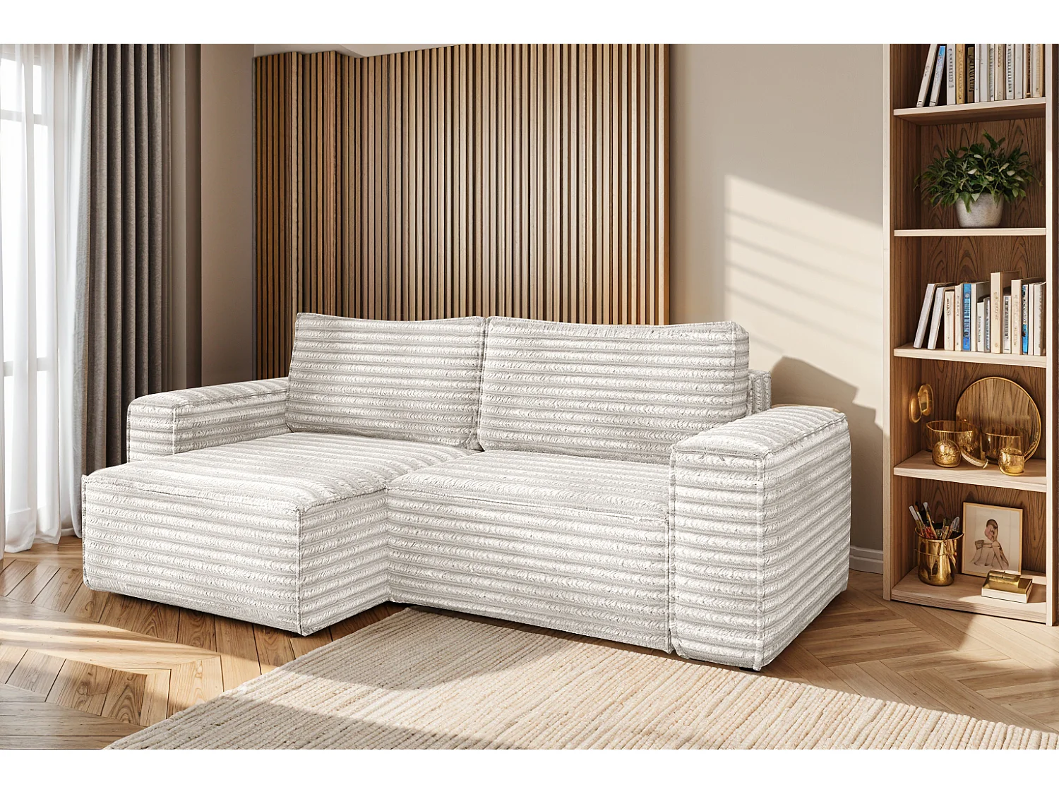 L-förmiges Bohoo-Ecksofa mit Schlaffunktion, Stoff Velo, Ecru, Links