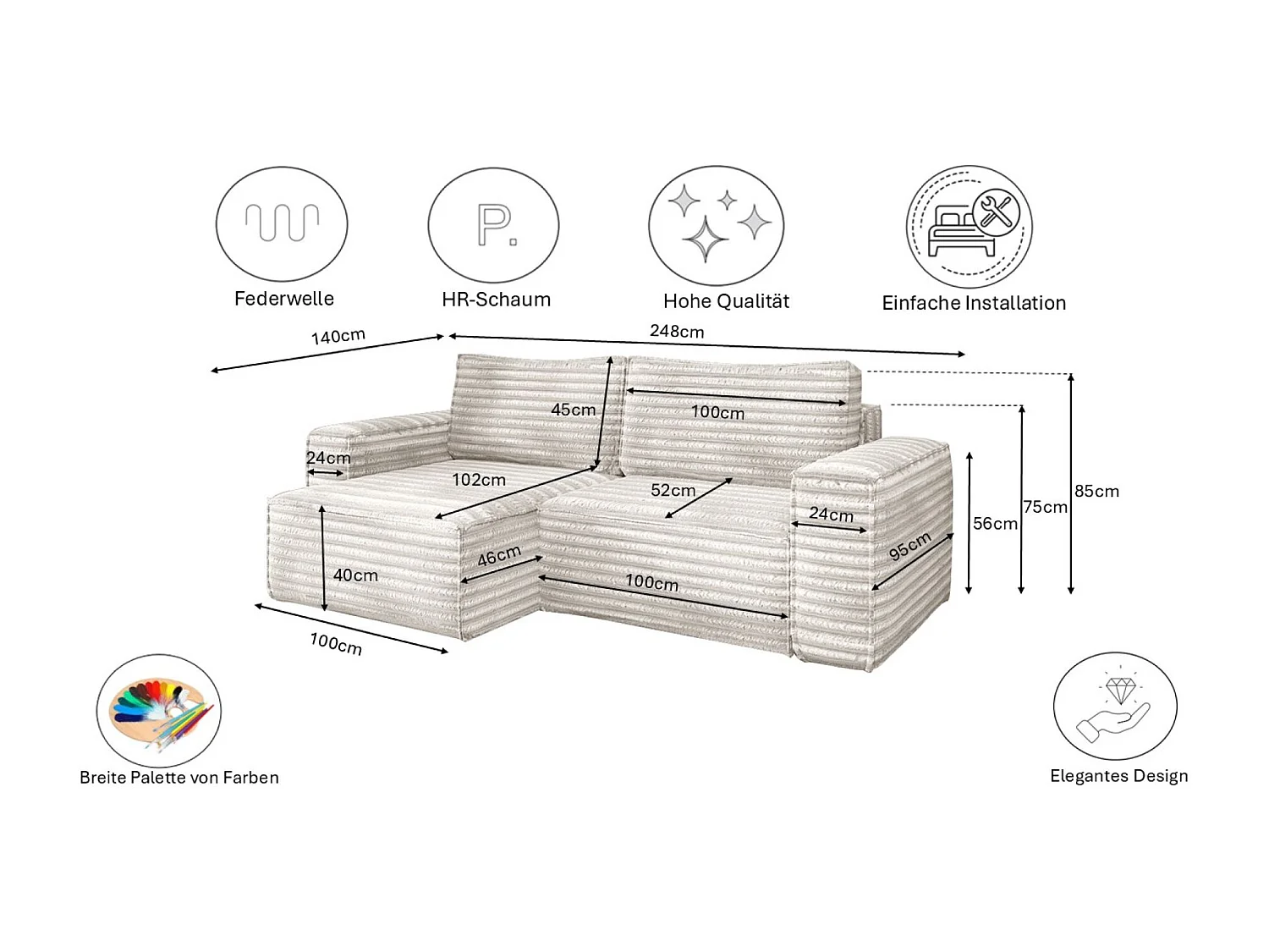 L-förmiges Bohoo-Ecksofa mit Schlaffunktion, Stoff Velo, Ecru, Links