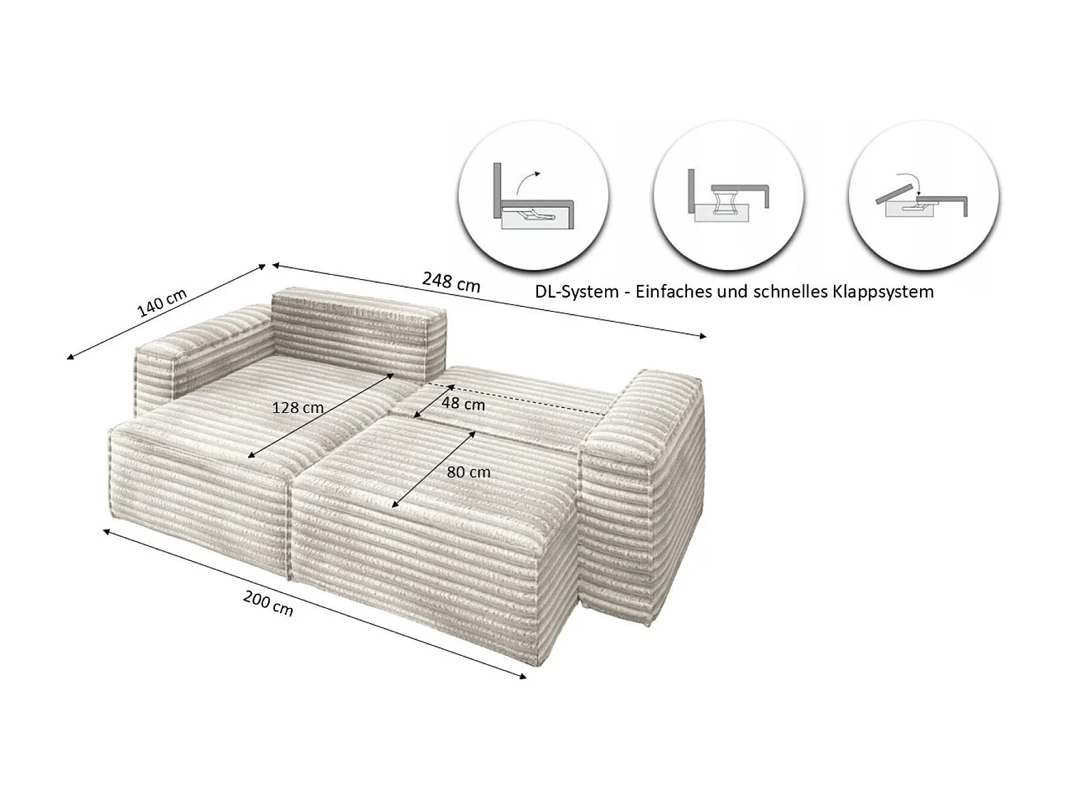 L-förmiges Bohoo-Ecksofa mit Schlaffunktion, Stoff Velo, Ecru, Links