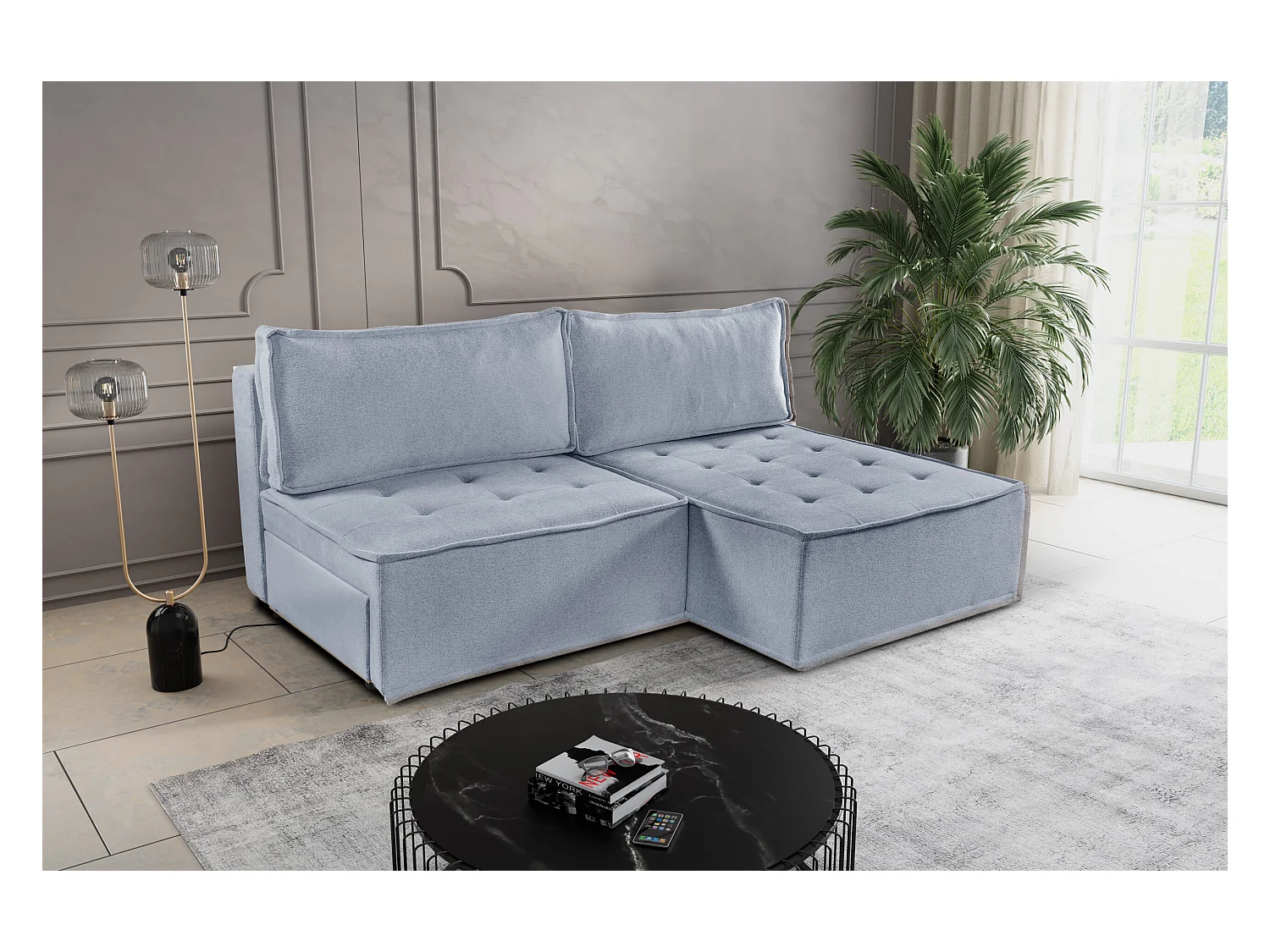Canapé d'angle Bohoo Mini avec fonction couchage, tissu Raven, gris clair, droit