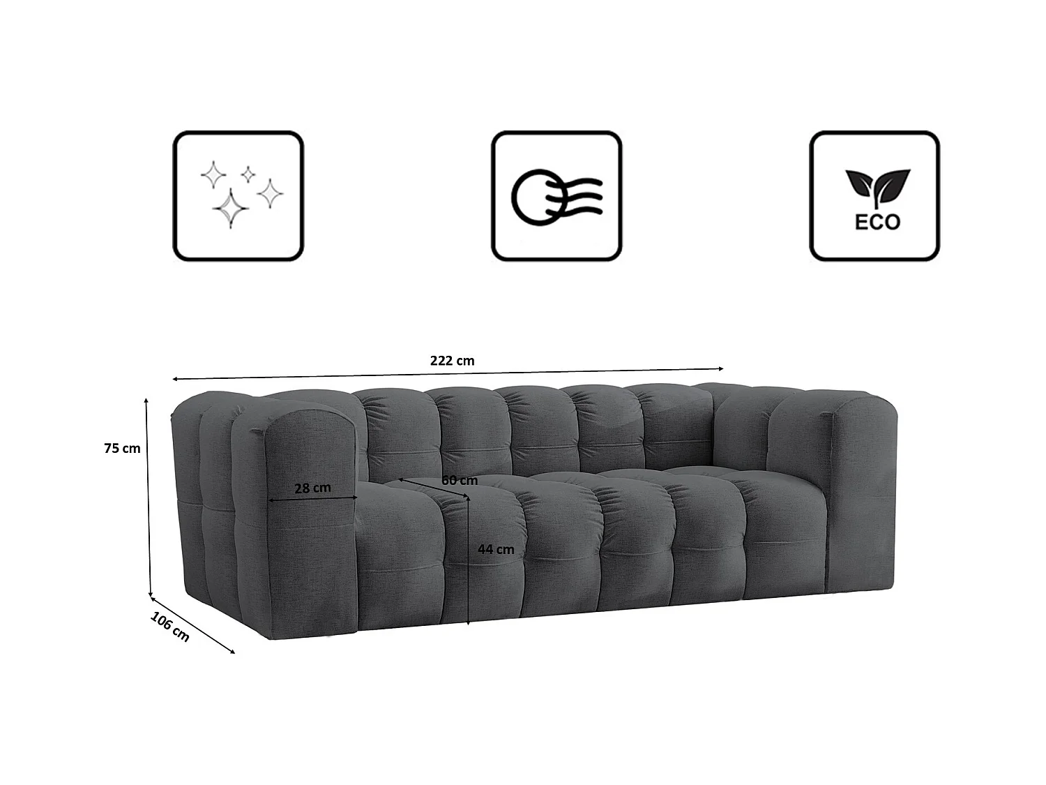 Sofa 3-Sitzer, Komfort Couch BALOO, stoff Schenille, Graphit