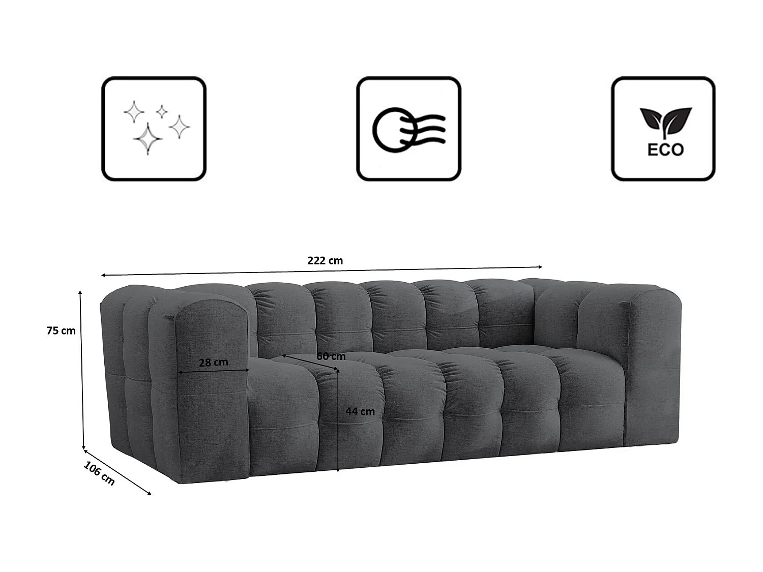 Sofa 3-Sitzer, Komfort Couch BALOO, stoff Schenille, Graphit