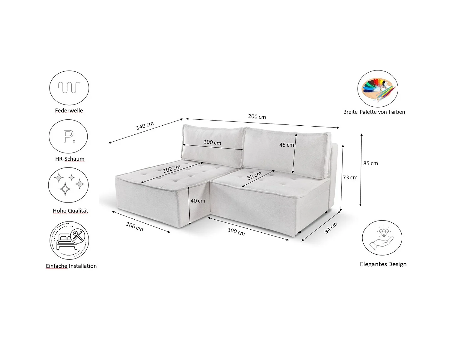 Bohoo Mini canapé d'angle avec fonction couchage, tissu Raven, écru, droit