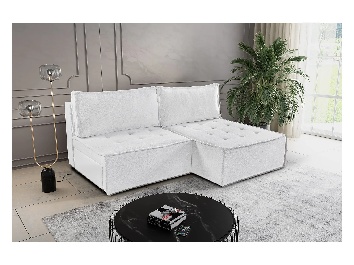 Divano angolare Bohoo Mini con funzione letto, tessuto Raven, ecrù, destra