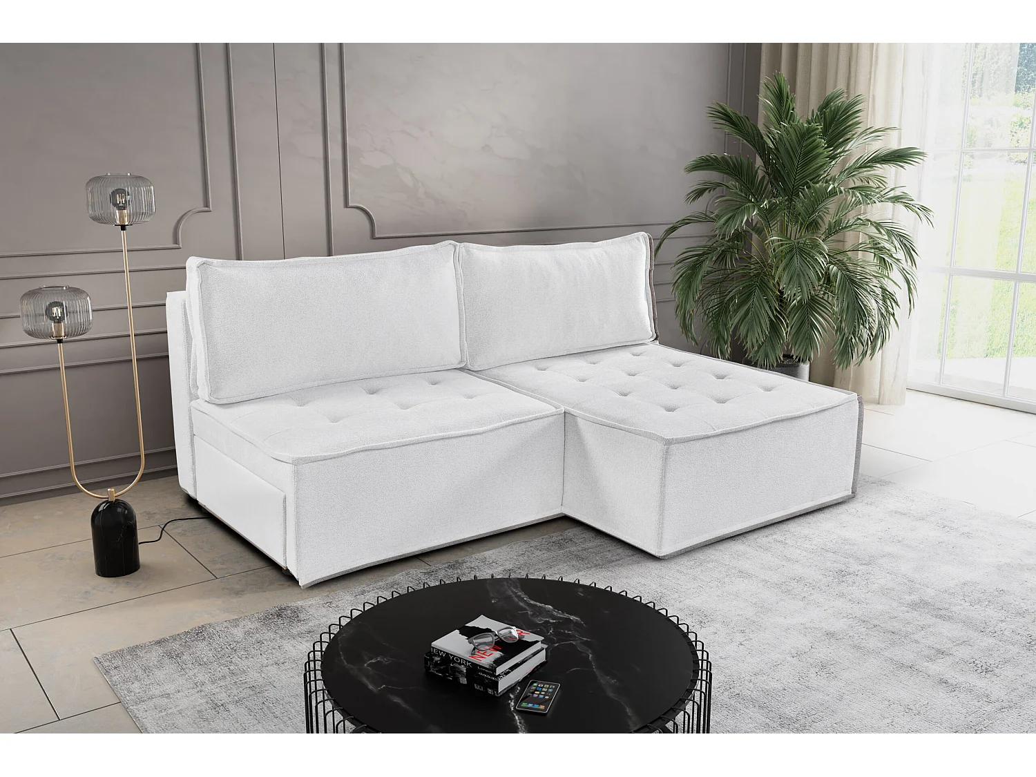 Bohoo Mini canapé d'angle avec fonction couchage, tissu Raven, écru, droit