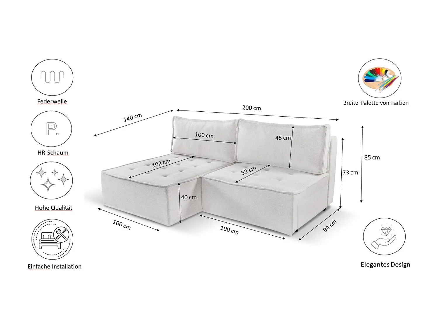Bohoo Mini canapé d'angle avec fonction couchage, tissu Raven, écru, droit