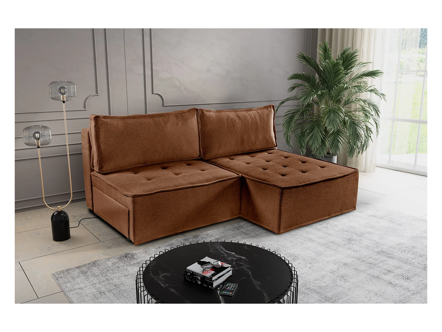Canapé d'angle Bohoo Mini avec fonction couchage, tissu Raven, brique, droite