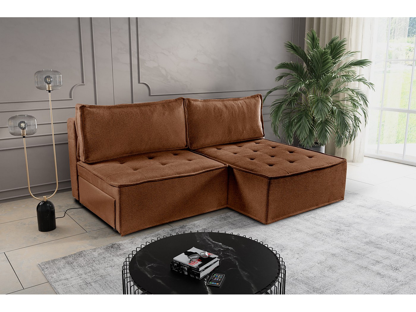 Ecksofa Bohoo Mini mit Schlaffunktion, Stoff Raven, Ziegel, Rechts