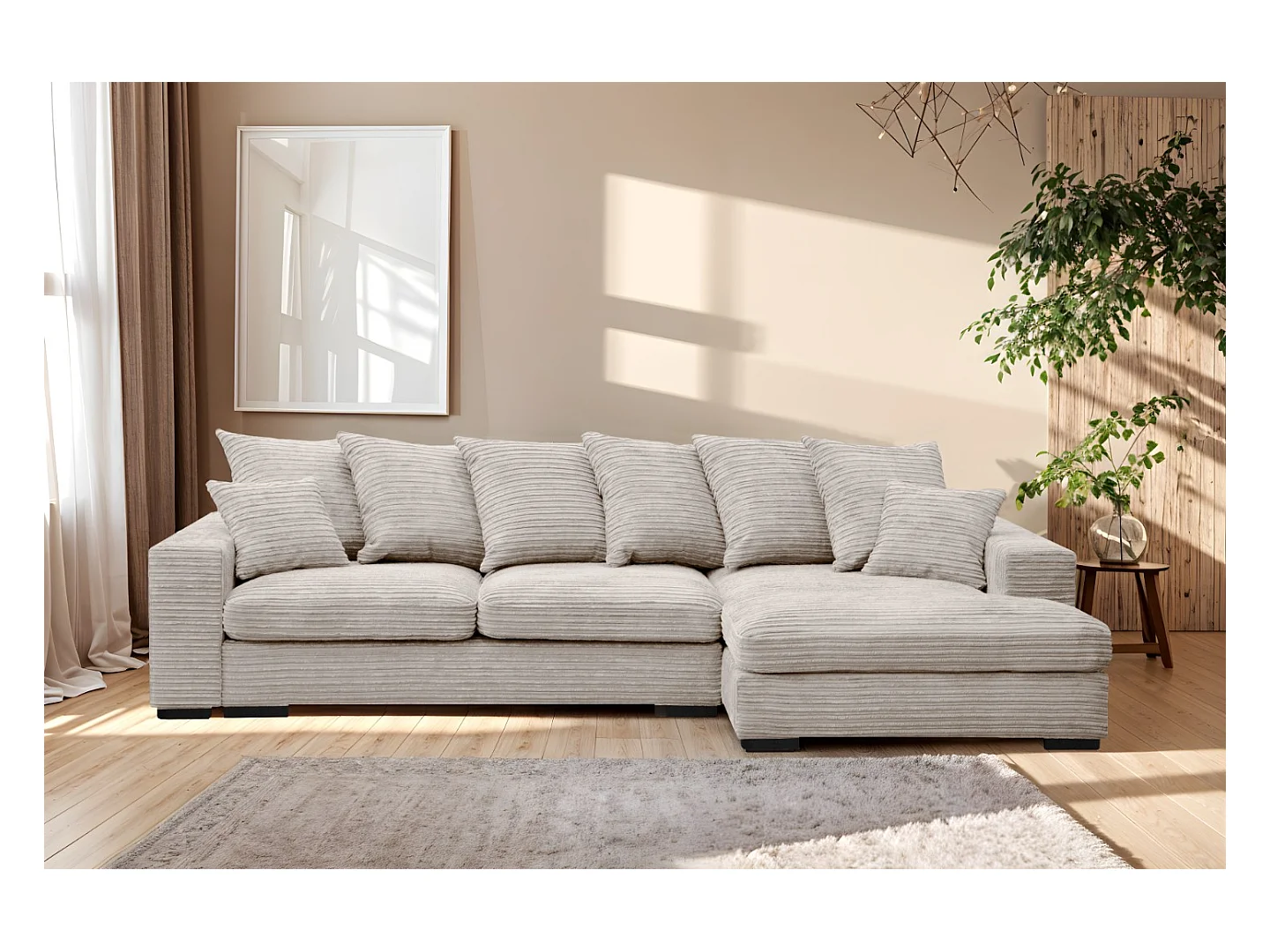 Canapé d'angle avec fonction couchage et coffre de lit, Canapé forme L, Canapé forme L tissu Gabon Zoom Perle Droite