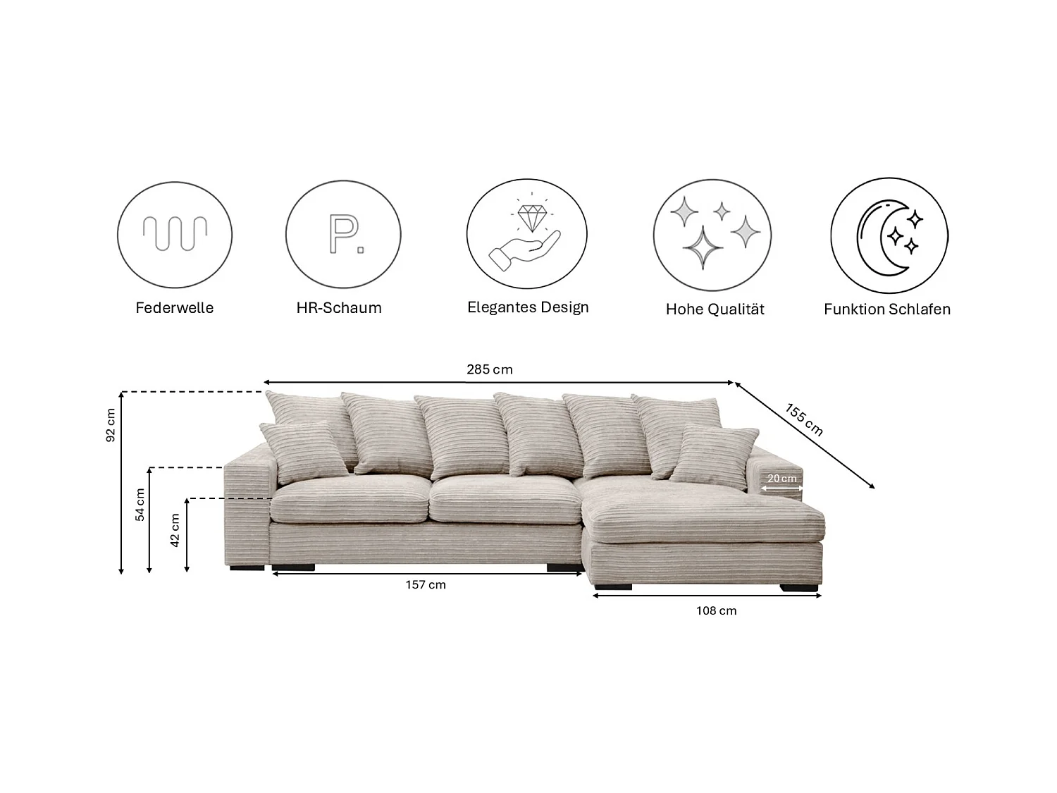 Canapé d'angle avec fonction couchage et coffre de lit, Canapé forme L, Canapé forme L tissu Gabon Zoom Perle Droite