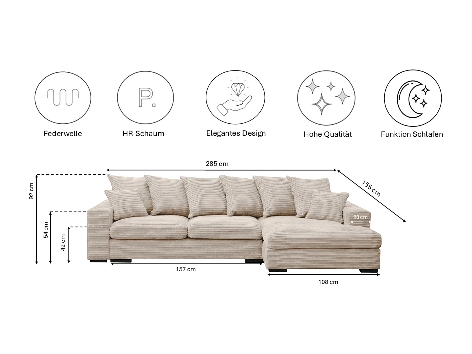 Canapé d'angle avec fonction couchage et coffre de lit, Canapé forme L, Canapé forme L tissu Gabon Zoom Perle Droite